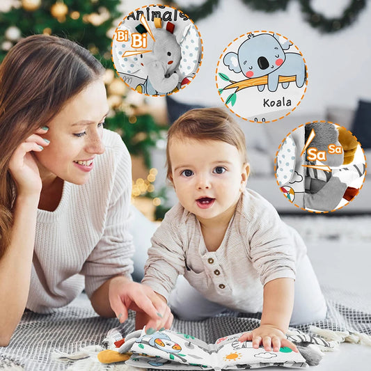 ספר פעילות רך לתינוקות עם מרקמים תחושתיים – מתאים לגיל 0–12 חודשים, מעודד למידה מוקדמת והתפתחות חושית מהנה.