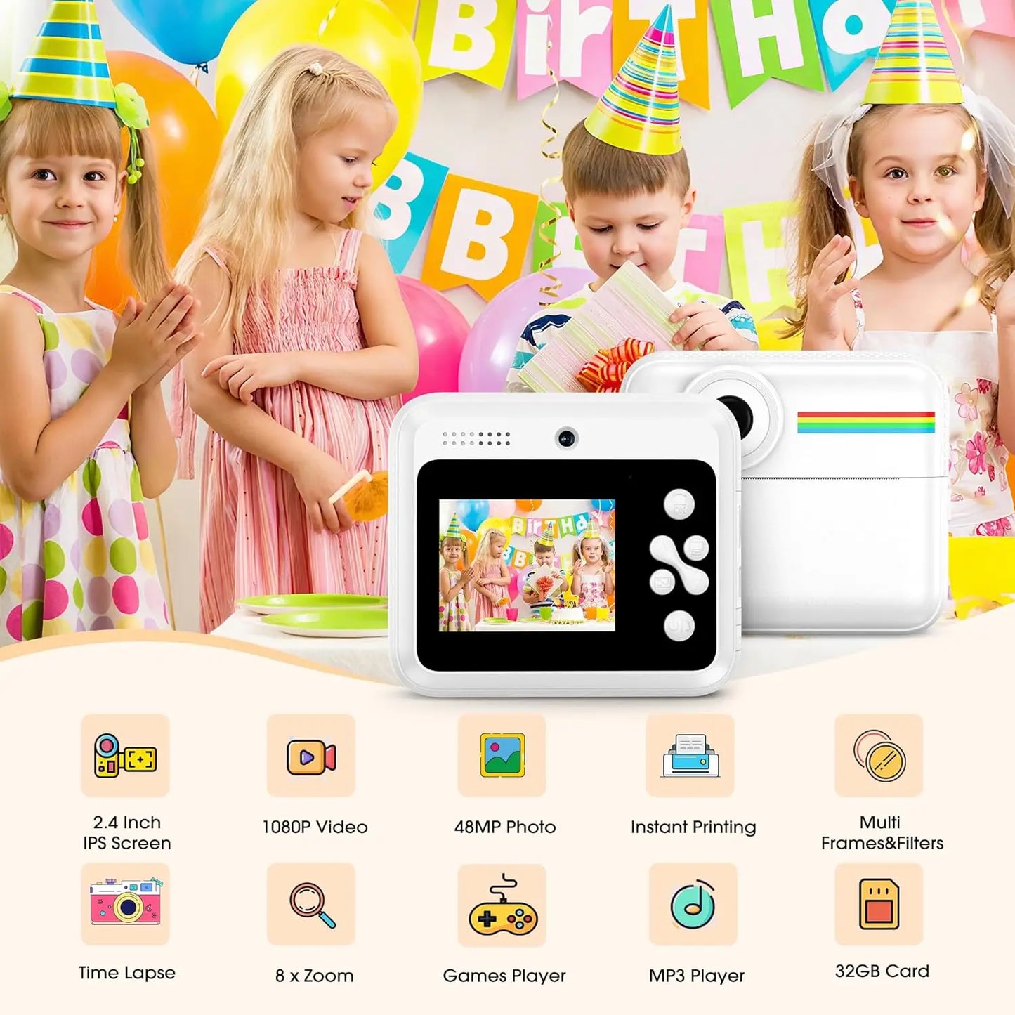 "מצלמת ילדים 1080P HD עם מדפסת תרמית ניידת – צילום והדפסה מיידית, מצלמה חינוכית ויצירתית כמתנה מושלמת"